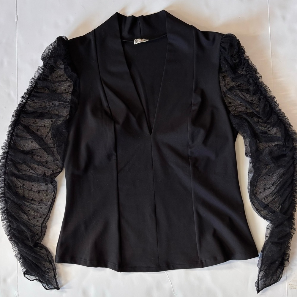 Intimately Free Free People V Neck Stretch Top Sheer Lace Polka Dot Sleeve Sz M